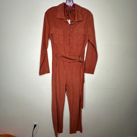 NWT Boohoo Rust Utility Cargo Belted Jumpsuit Tapered Leg Front Safari Pocket 7 - Picture 4 of 16